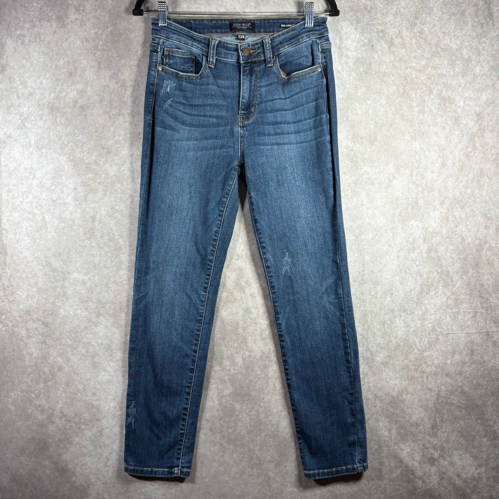 Judy Blue Jeans Women 7/28 Blue Relaxed Fit Distressed High Rise Stretch Casual